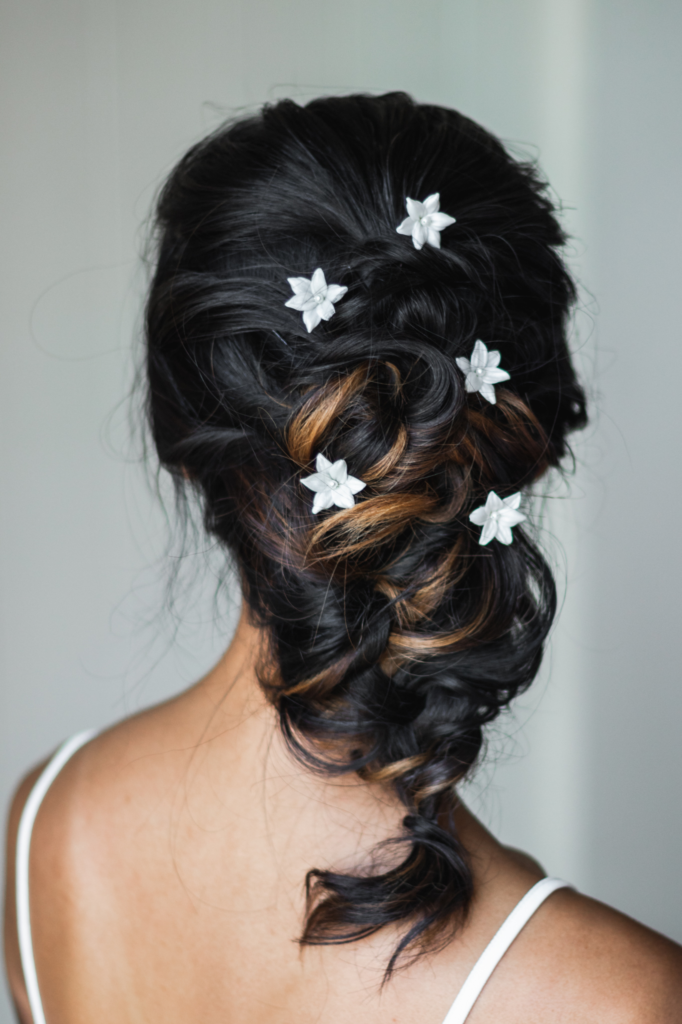 Bride showing adornments in her hair.